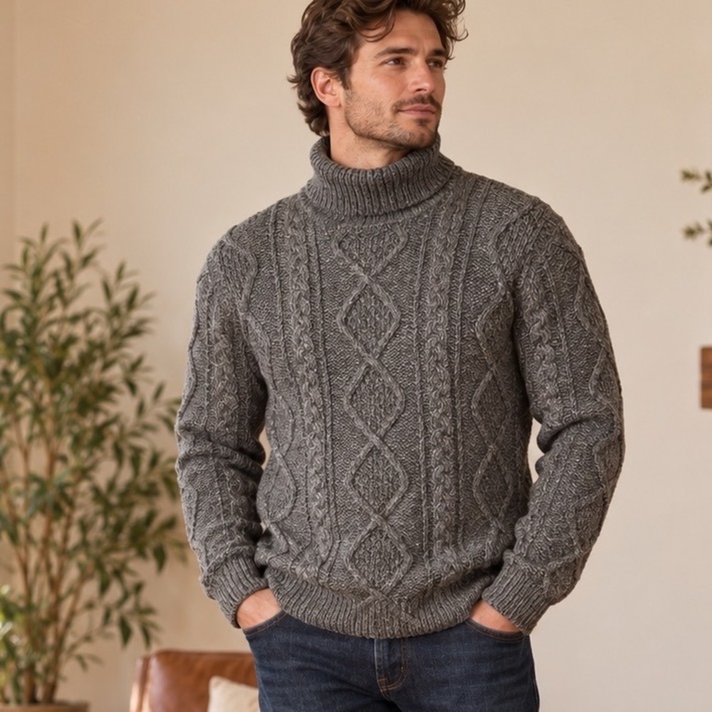 Vintage Eddie Bauer Mens M Tall Wool Cable Knit Turtleneck Sweater Gray UK 90s